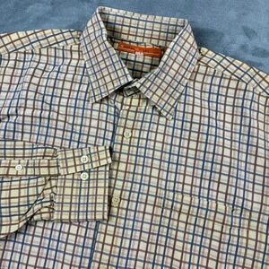Sette Ponti Mens Large Plaid Button Down Shirt Tan Brown Blue 100% Cotton L Long